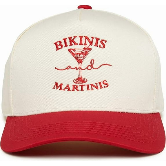 Bikinis and Martinis Hat, Fun Embroidered Trucker Cap for Women, Summer Beach Vibes Snapback, Cute Party Hat for Vacation, Poolside or Bachelorette Trip