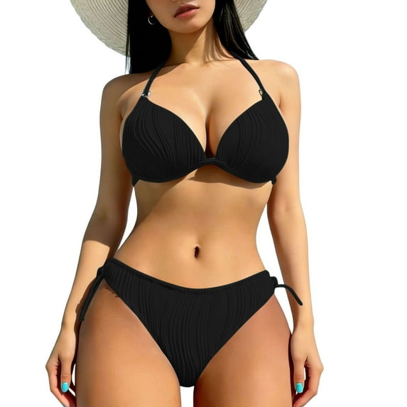 Bikinis for Curvy Women 2 Piece Textured Ribbed Halter Neck Push Up Bra Tie Back Swimsuits with Bikini Thong