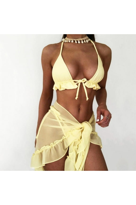Bikinis for Women Lace Gauze Swimsuit Solid 3 Piece Bikini Set Fashion Sexy Beachwear Bathing Suit