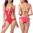 thumbnail image 1 of Bikinis for Women One Piece Deep V Gathering Slim Neck Strap Swimsuit Solid Color Camisole Sexy Swimwear, 1 of 4