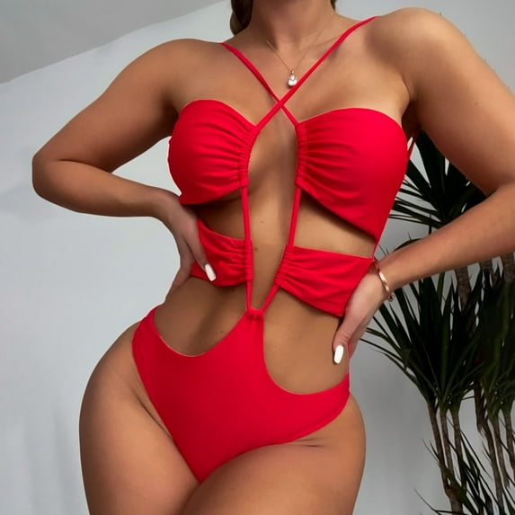 Bikinis for Women One Piece Hollow Out Bandage Swimsui Set Solid Color Sexy Show off Waist Bathing Suit