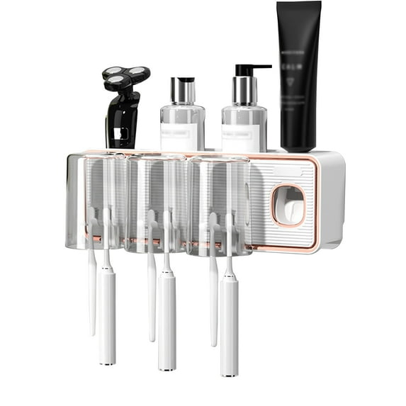 Toothbrush Holders Bathroom Accessories with Toothpaste Dispenser,3 Cups Toothbrush Holder Wall Mounted Bathroom Decor Multi-Functional Toothbrush Holder
