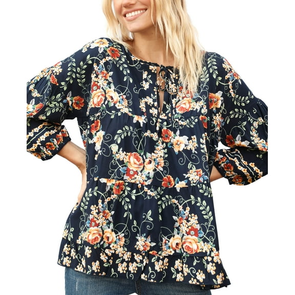 Bila Split Neck Three Quarter Sleeve Top Navy M