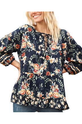 Split Neck Three Quarter Sleeve Top Navy M