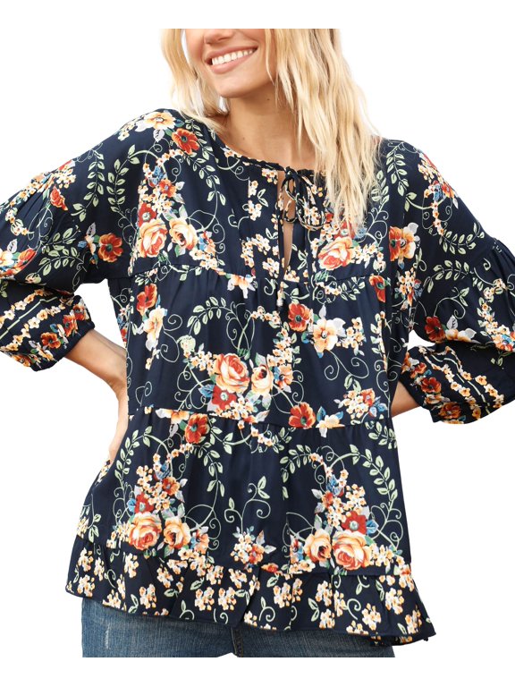 Split Neck Three Quarter Sleeve Top Navy M