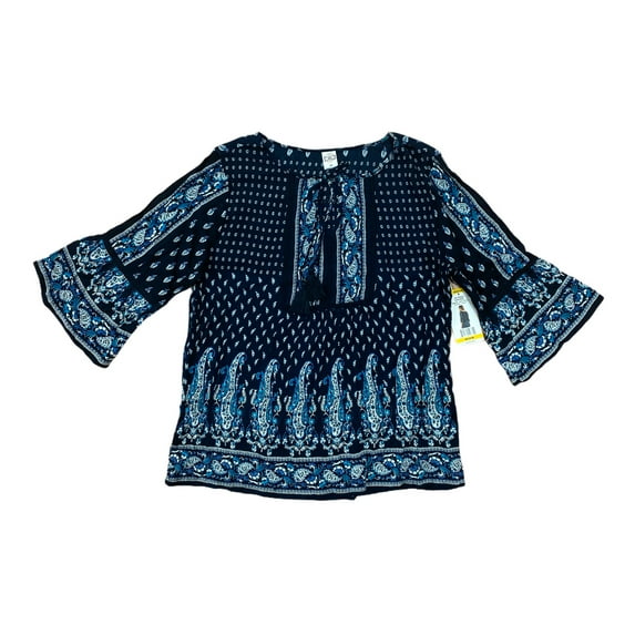 Bila Women's Paisley Print Bell Sleeve Blouse Peasant Top (Navy, L)