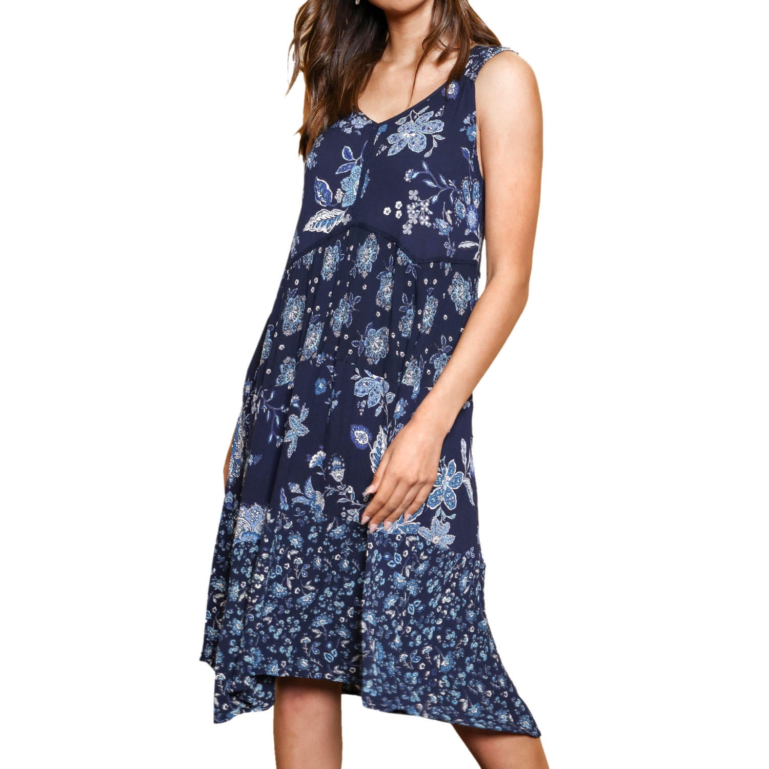 Bila Women's Sleeveless V-Neck Rayon Floral Print Asymmetrical Dress (Navy,  M) - Walmart.com