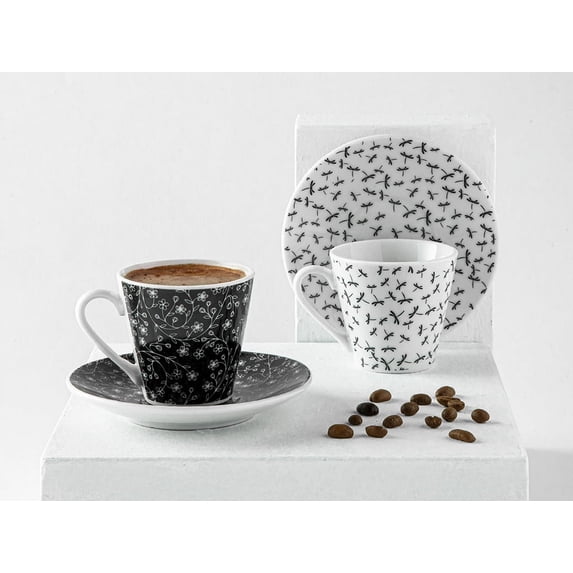 Bilbao Porcelain 4 Piece 2 Person Coffee Cup Set 80 ml Black - White