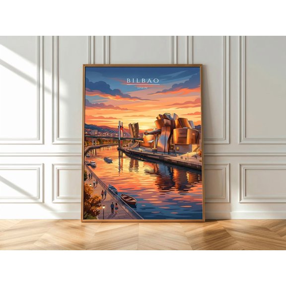 Bilbao Spain Museum Wall Art Print, River Sunset Poster, City Landscape Decor, Poster Only