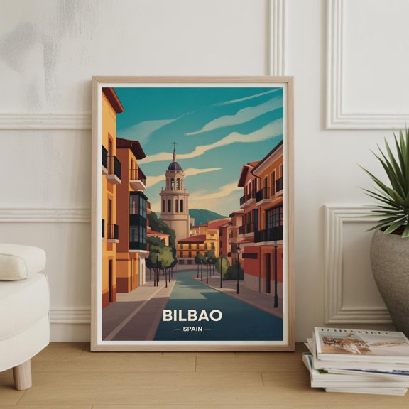 Bilbao Spain Travel Poster, Guggenheim Museum Art, City Landscape , Poster Print Only