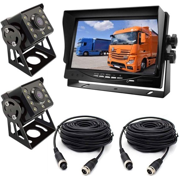 Bileeko Reversing Camera Kit, 2 x 8LED 120 °Wide Angle IR Night Vision Waterproof Rear View Camera with 15M Cable + 12V-24V 7" TFT HD LCD Car Monitor for Large Truck/Bus/RV/Trailer/Tractor/Camper