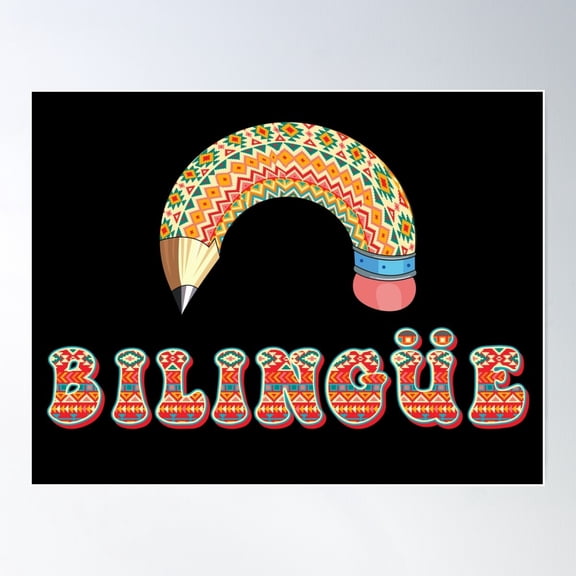 Bilingüe With Rainbow Pencil And Aztec Texture Poster Wall Art, Modern Wall Decor For Living Room Bedroom, 12x18 UNFRAMED