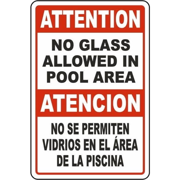 Bilingual Attention No Glass Allowed In Pool Area Sign Property/Swimming Signs Metal Tin \8 x 12 Inch for Home or Work