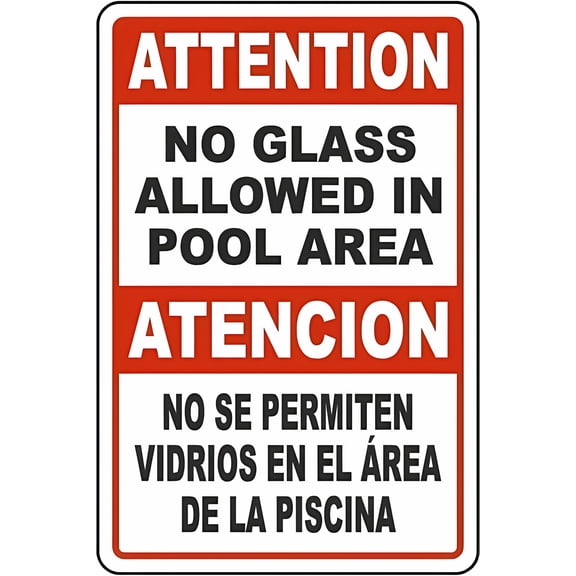 Bilingual Attention No Glass Allowed in Pool Area 8"x12" Property Security Swimming Metal Tin Sign, Pool Rule Sign, Home Work Outdoor Decor