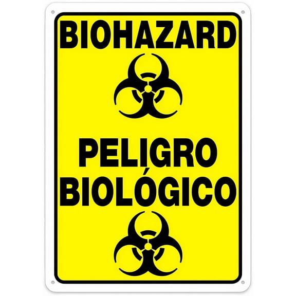 Bilingual Biohazard Safety 8"x12" Rust Free Aluminum Sign, Biohazard Pictogram, Waterproof Weatherproof Fade Resistant, 4 Pre-Drilled Holes