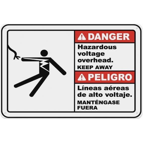 Bilingual Danger Hazardous Voltage Overhead Sign 8"x12", Aluminum Tin Warning Signs for Home Outdoor Garden, Durable Bilingual Electrical Hazard Sign