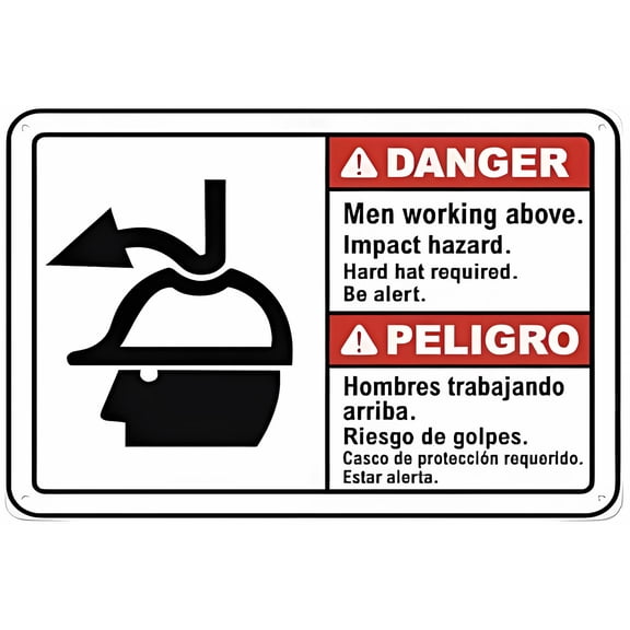 Bilingual Danger Men Working Above Impact Hazard Sign, 8"x12" Aluminum Tin Warning Sign, Construction Safety Sign for Home Outdoor Garden