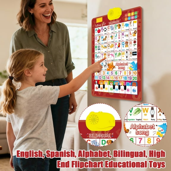 Bilingual (English And Spanish) Interactive Alphabet Learning Wall Chart - Includes Phonetic Alphabet, Numbers, And Music Posters - Educational Toy, Suitable As An Educational Gift For Ages 3 And Up.
