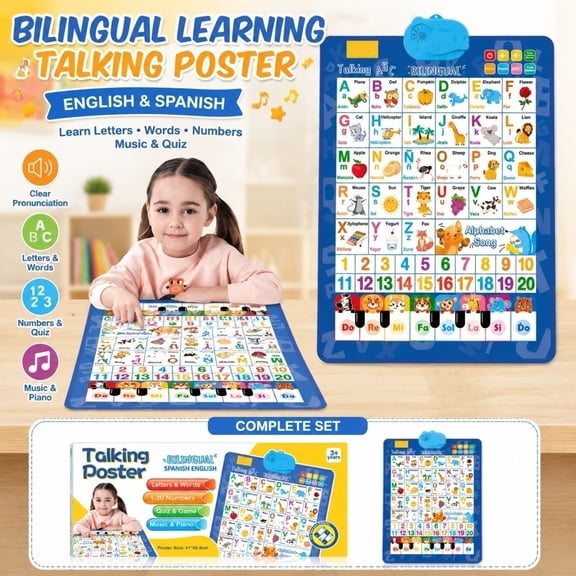 Bilingual English Spanish Talking Alphabet Poster, Interactive Sound Wall Chart, Learn Letters Numbers Quiz Piano, Early Education