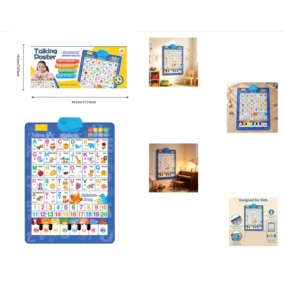 Bilingual English Spanish Talking Wall Chart, Vivid Cartoon Graphic Alphabet Chart, Help Toddlers Link Pictures with Bilingual Words