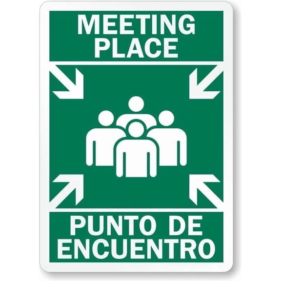 Bilingual Evacuation Point Sign Meeting Place Punto De Encuentro Emergency Direction Warning Metal Sign Tin Signs Aluminum Signs for Outdoors Use Yard Farm Fence Home Wall Decor 8x12 inch