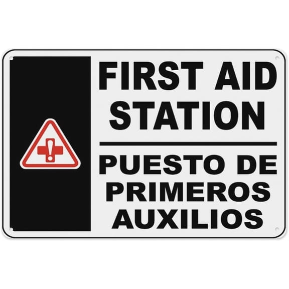 Bilingual First Aid Station Sign 8"x12" - Aluminum Tin Warning for Home Outdoor Garden, Weatherproof Bilingual Emergency Decor