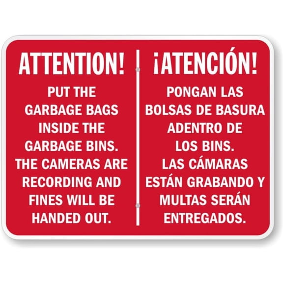 Bilingual Garbage Bags Rules Aluminum Weatherproof 8" x 12" Sign P2426b