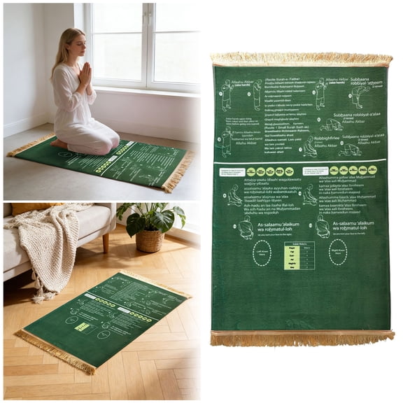 Bilingual Guided Prayer Mat with Direction Finder, Read in English and Say It in Arabic Guided Prayer Mat for Salah and Meditation (Green, 50x90cm)