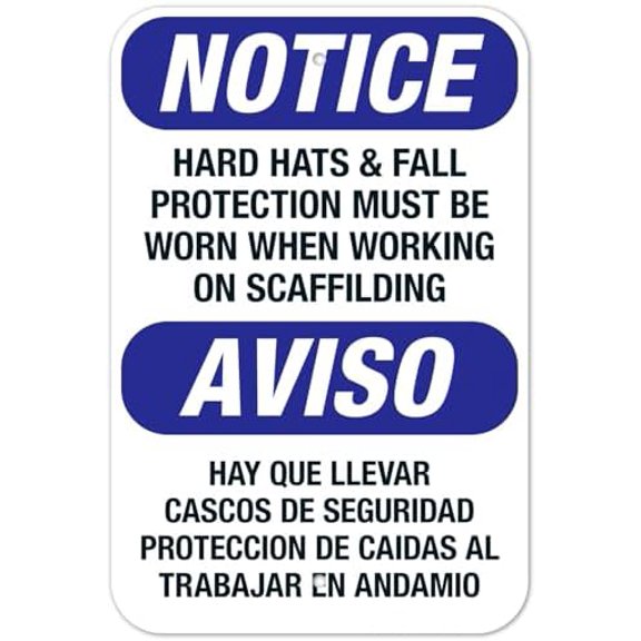 Bilingual Hard Hats & Fall Protection Must Be Worn Metal Sign 8 x 12 Inch for Warehouse, Industrial Area, Office Building