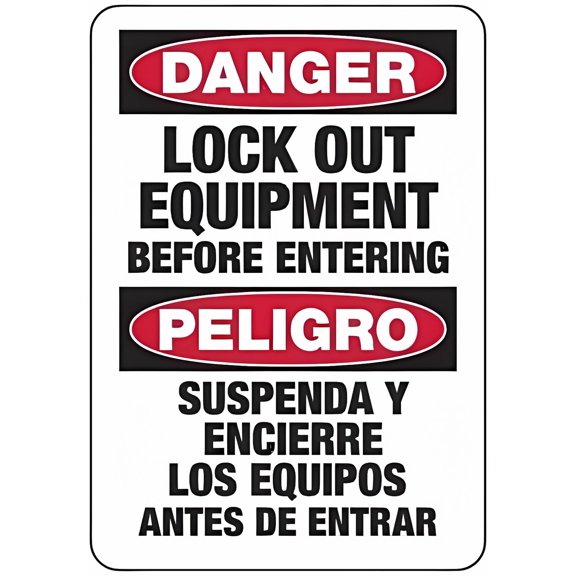 Bilingual Lockout - Danger Lockout Equipment Before Entering Metal Tin Sign 12 x 8 Inches - OSHA & ANSI Compliant, Indoor Outdoor Electrical, Arc Flash, Lock-Out Safety