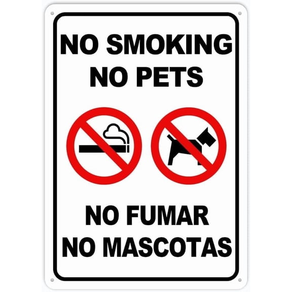 Bilingual No Smoking No Pets Sign 12X8 Inches Signs, Weather Resistant, Weatherproof, Indoor Or Outdoor Wall Decor Metal Tin Sign