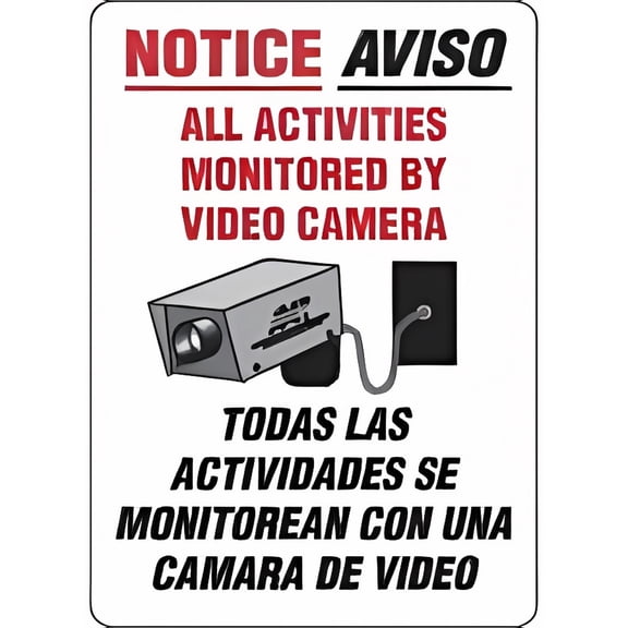 Bilingual Notice All Activities Monitored by Video Camera 8"x12" Metal Tin Sign, Specialty Bilingual/Spanish No.6649, Surveillance Sign