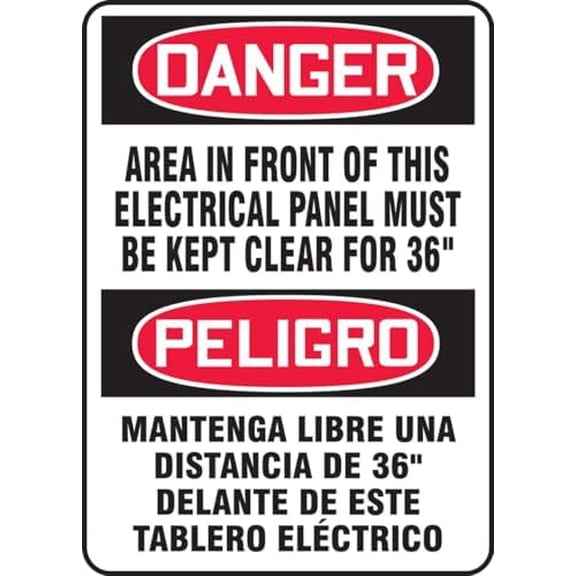 Bilingual OSHA Danger Sign: In Front Of This Electrical Panel Must Be Kept Clear For 36 Inches Metal Sign 8 x 12 Inches – Clear Signage for Walls, Fences