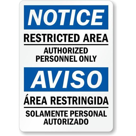 Bilingual OSHA Notice Restricted Area Sign: Restricted Area Authorized Personnel Only/Aviso - Area Restringida (English/Spanish) Man Cave Garage Shop Bar Restaurant Home Decor Metal Sign, 12" x 8"