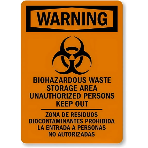 Bilingual OSHA Warning Biohazardous Waste Storage Area Unauthorized Keep Out Metal Sign 12 x 8 Inches - Warning for Wall/Fence, Indoor Outdoor Lab, Medical, Waste Zone