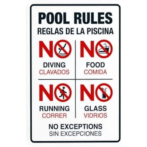 Bilingual Pool Rules Sign, No Diving No Running No Food No Glass Warning Sign, Pool Security Signs for Home Busines Street Wall Caution Decor 8 x 12 Inch For Home Wall Art Decor Metal Tin Sign