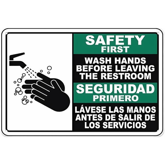 Bilingual Safety First Wash Hands Sign - 12×8 Inches, Aluminum Tin Warning Sign, Home Outdoor Garden Hygiene Safety Decor