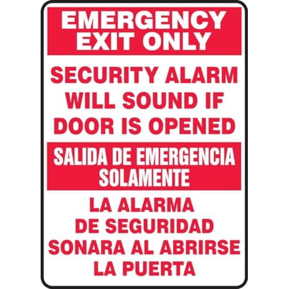 Bilingual Safety Sign, Emergency Exit Only, Security Alarm Will Sound If Door Is Opened Metal Sign 8 x 12 Inches \u2013 Clear Signage for Walls, Fences