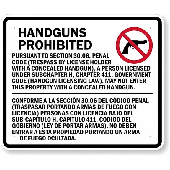 Bilingual Texas Gun Law Section 30.06 Concealed Handguns Prohibited Metal Sign 12 x 8 Inches - Warning for Wall/Fence, Indoor Outdoor Business, Legal Alert