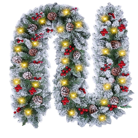 Bilivry Snow Flocked Christmas Garland, Decorated with Pine Cones, Berry Clusters, Battery Operated, Christmas Collection, 9 Feet