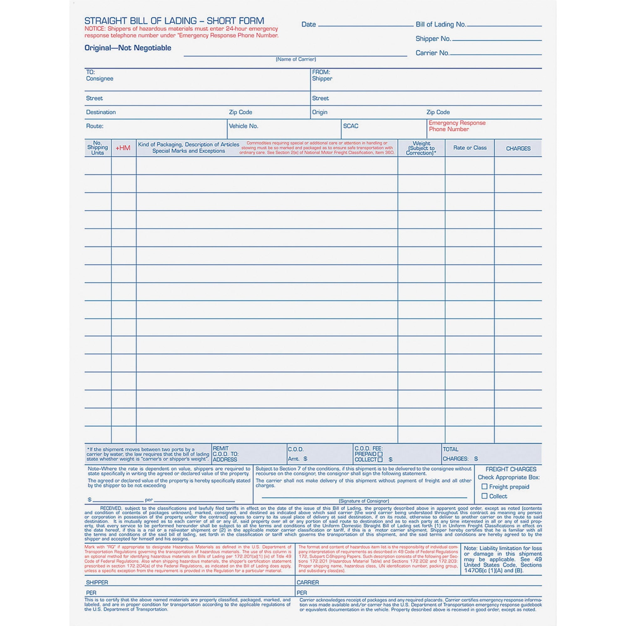 Bill Of Lading,16-Line, Four-Part Carbonless, 8.5 X 11, 1/page, 50 ...