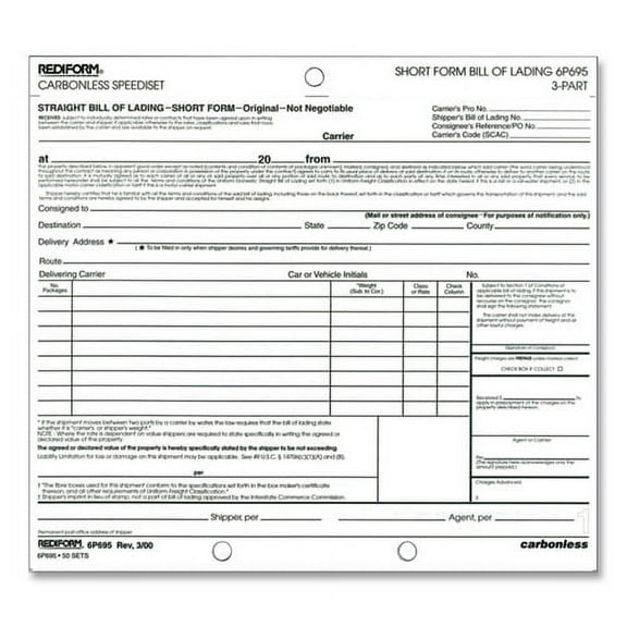 Bill Of Lading, Short Form, Three-Part Carbonless, 7 X 8.5, 1/page, 50 Forms | Bundle of 10 Packs