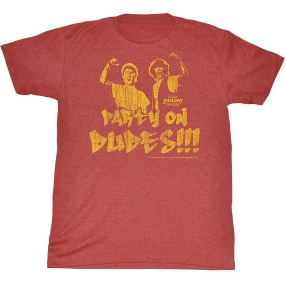 Bill and Ted Party On Fade Red Heather Adult T-Shirt