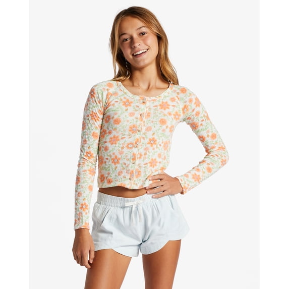 Billabong Girls Youth Kids Fall For It Floral Long Sleeve Buttoned Top (Medium, Salt Crystal)