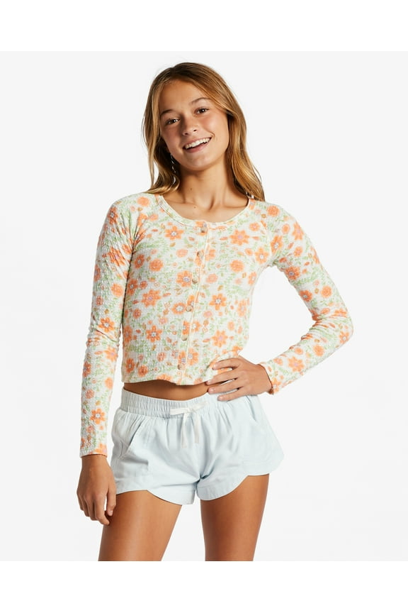 Girls Youth Kids Fall For It Floral Long Sleeve Buttoned Top (XX-Small, Salt Crystal)