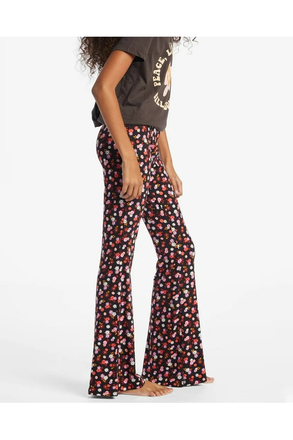 Kids Girls Youth Tell Me Daisy Floral Flared Soft Stretchy Pants (Medium (10), Black Pebble)