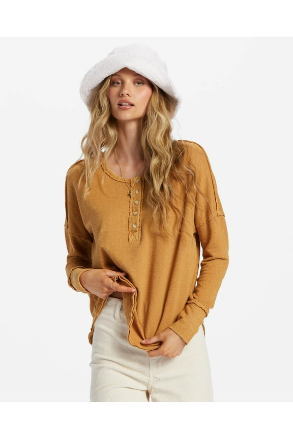 Women's Anyday Relaxed Fit French Terry Long Sleeve Henley Top Shirt (Large, Cosmic Khaki)