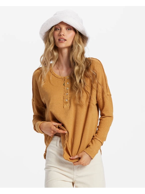 Women's Anyday Relaxed Fit French Terry Long Sleeve Henley Top Shirt (Small, Cosmic Khaki)