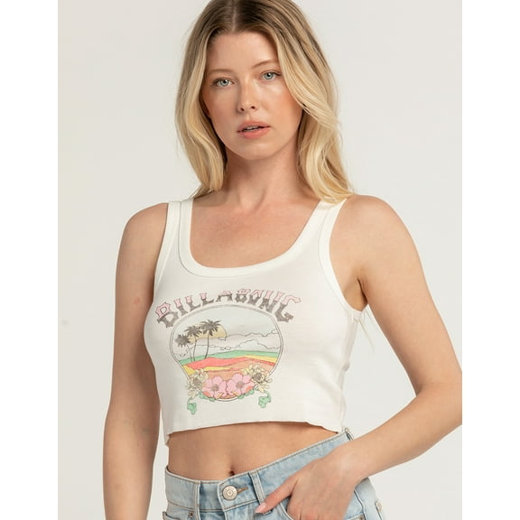 Billabong Women's Beautiful Day Distressed Print Cropped Tank Top Tee T-Shirt (Large, Off White)