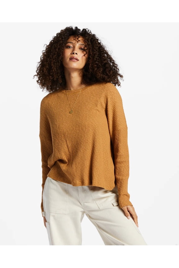 Women's Cozy Up Ribbed Slub Fabric Boxy Relaxed Fit Long Sleeve Top (X-Small, Cosmic Khaki (Caramel))